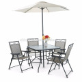 Outdoor Patio Möbel Dining Set 6 Stück mit Sonnenschirm / Sonnenschirm, Glasplatte Esstisch Set, Esstisch Set 4 Stühle